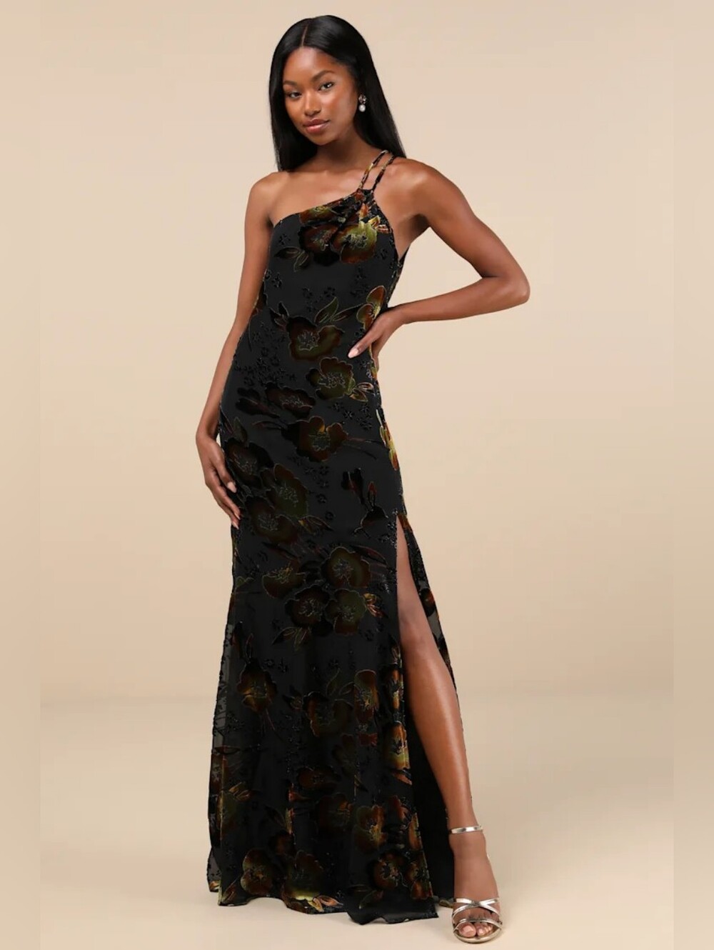 Lulus Ethereal Entrance Black Velvet Burnout One-Shoulder Maxi Dress XS Wedding - Picture 2 of 10